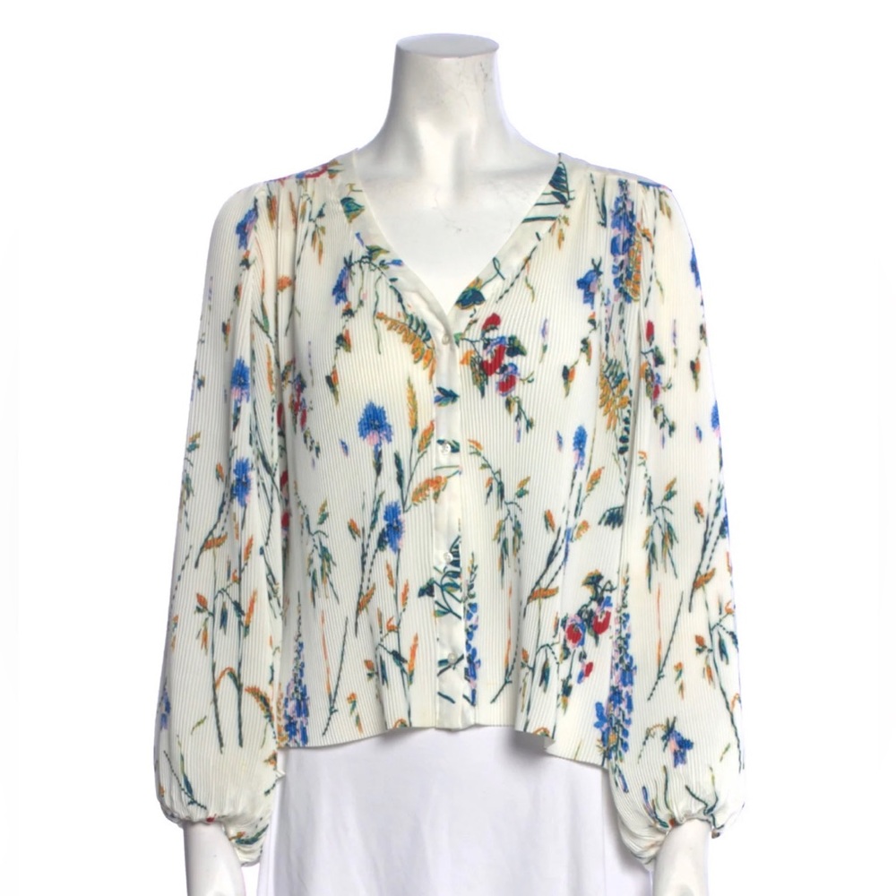 SOLD Maje Womens Long Puff Sleeve V Neck Floral Blouse Size L White Feminine